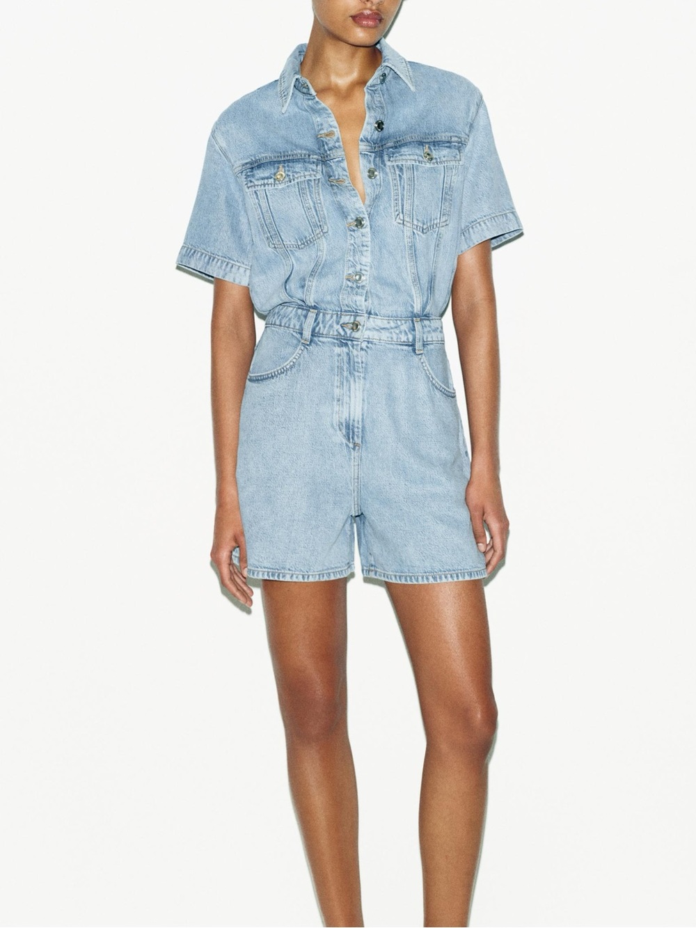 Zara Pale Blue Denim Short Sleeve Jumpsuit